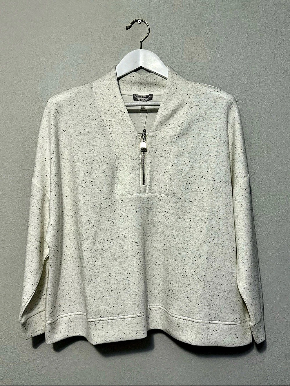 Cable & Gauge Speckled Half-Zip Cotton Pullover in 1X White NWT